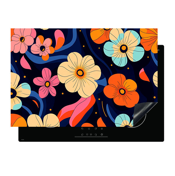 MuchoWow Inductiebeschermer 77x51 Cm - Bloemen Oranje Roze Zwart - Vinyl Inductiemat